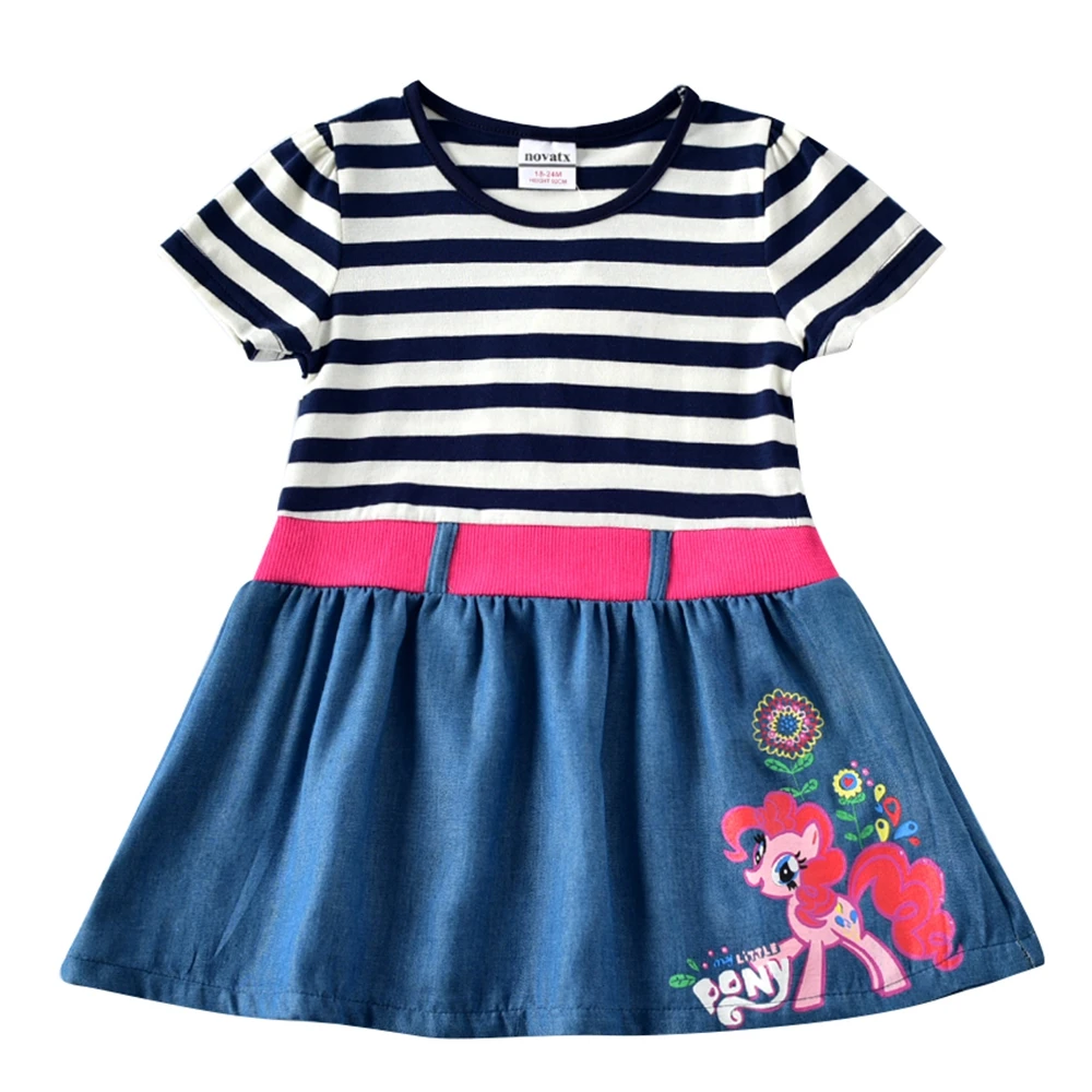 Girls Baby Short Sleeve Cartoon Dress Summer New Kids Wearing Denim Belt Round Neck Embroidered H7123 | Детская одежда и обувь