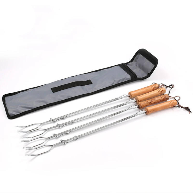 BGT 4Pcs/Set Stainless Steel BBQ Forks With Wood Handle Extensible Roasting Tools Outdoor Camping Accessories | Дом и сад