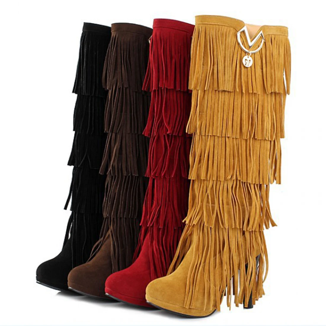 

New PLus Size 35-43 Fur Winter Women Boots High Heels Knee High Bota Shoes Fringe Tassels Fashion Long High Heel Boots Woman