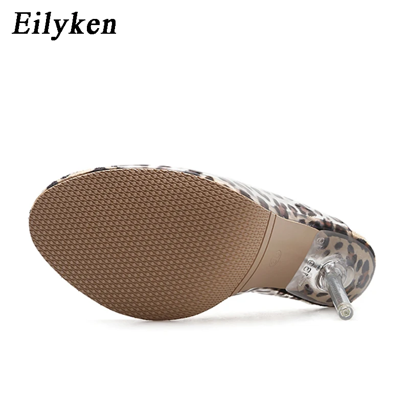 Eilyken новые ПВХ с леопардовым принтом Для женщин шлёпанцы для женщин из плексигласа, прозрачный высокий каблук 11 см прозрачными стразами; модные босоножки размеры 35–42