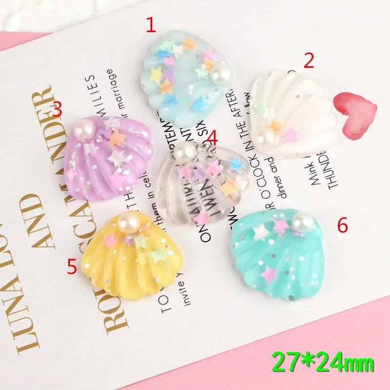 

Newest 50pcs 27*24MM Transparent Clear Colors Glitter Flatback Plastic Resin Cabochons Ornament Accessories Sea Shell Cabochon