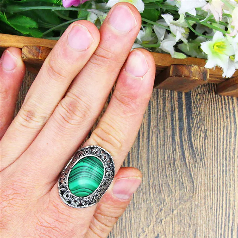 Oval Malchite Rings For Women Flower Desing Vintage Look Antique Silver Plated Fashion Jewelry TR666|Кольца| |