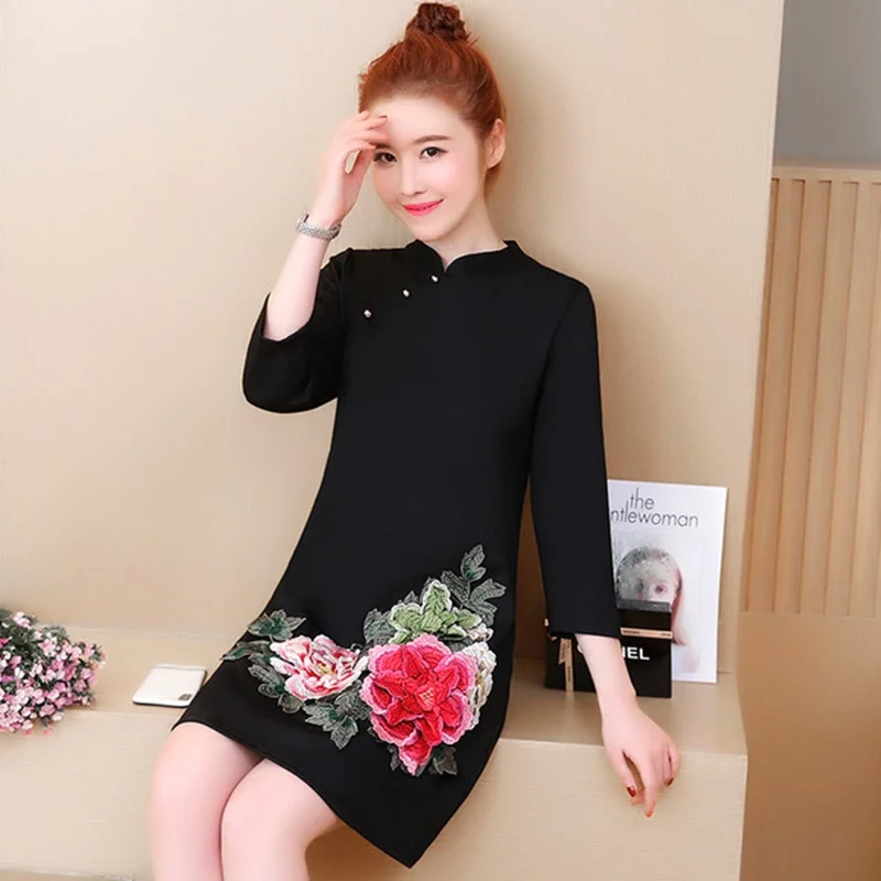 Женское платье в восточном стиле Осеннее красное Ципао ретро элегантное