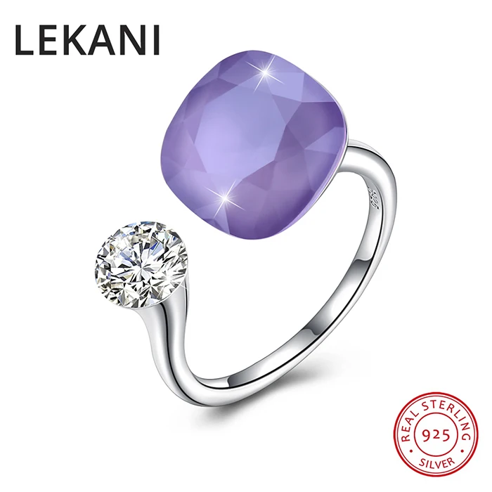 Кольца swarovski с квадратными кристаллами LEKANI для женщин, Настоящее серебро 925 пробы, роскошные кольца с регулируемым размером, романтическое ювелирное изделие, подарок - Цвет камня: Фиолетовый