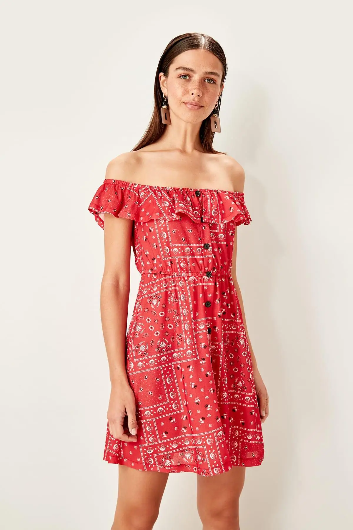 Trendyol красный Кармен воротник узор трикотажное платье TWOSS19ST0144|Женские платья| |