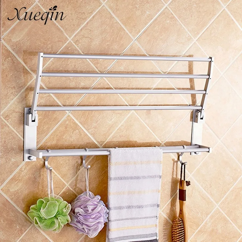 

Alumimum Foldable Bathroom Towel Rack Holder 2 Layer Wall Mounted Storage Hanger Kitchen Hotel Towel Clothes Shelf With 5 Hooks