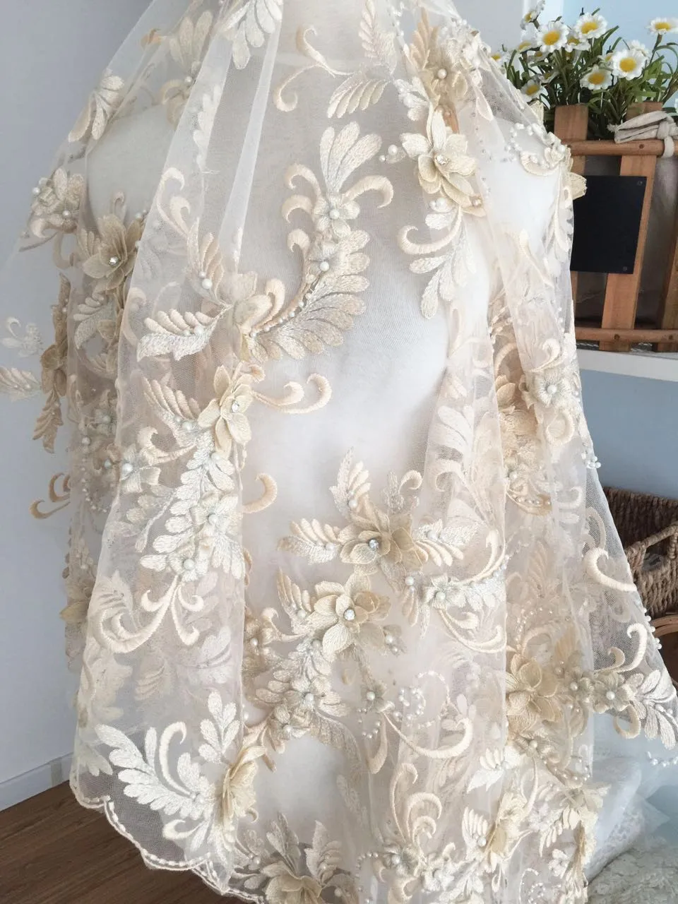 

Lux 3D Pearl Beaded Blossom Floral Embroidery Lace Fabric in Champagne by Yard , Haute Couture Bridal Wedding Gown Fabric