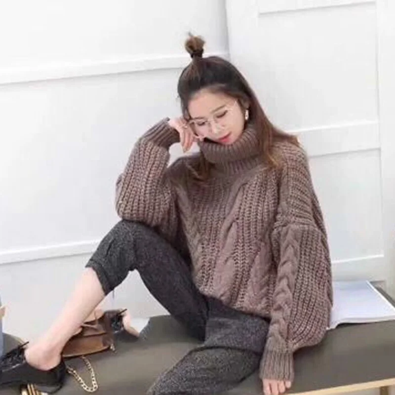 Женский вязаный свитер с высоким воротником однотонный Свободный пуловер в