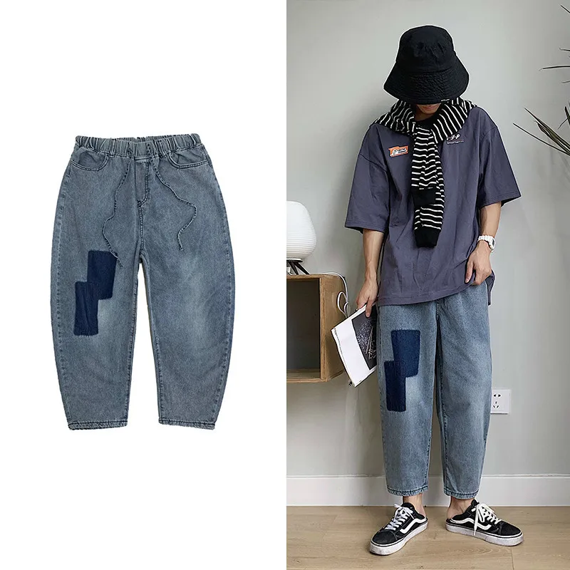 2019 Summer Men's Blue Color Casual Pants Leisure Baggy Homme Patch Wash Jeans Mens Classic Style Loose Trousers Plus Size M-2XL | Мужская