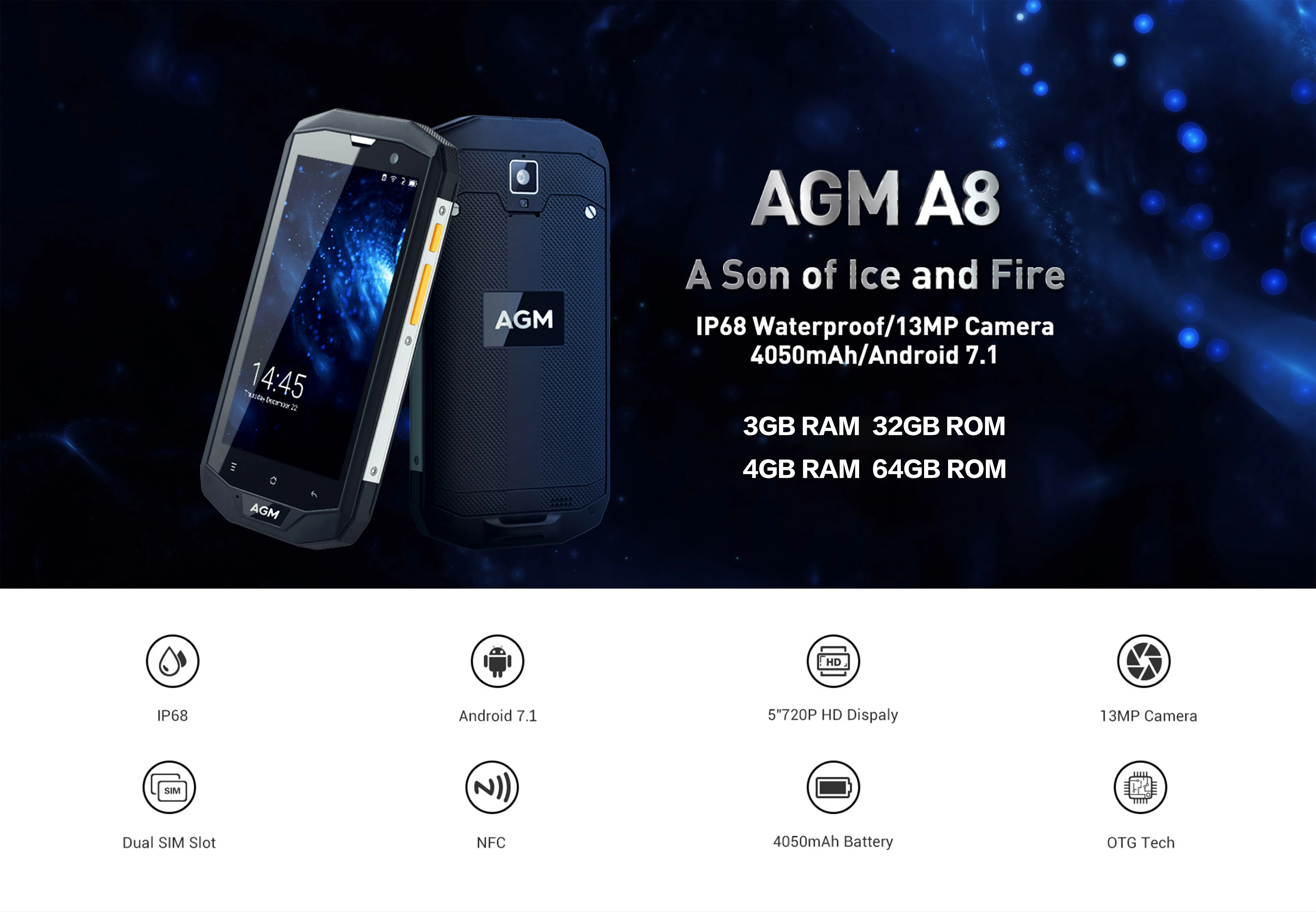 AGM A8 IP68 водонепроницаемый мобильный телефон 5," HD 4 Гб ram 64 Гб rom Qualcomm MSM8916 четырехъядерный 13,0 МП 4050 мАч NFC OTG