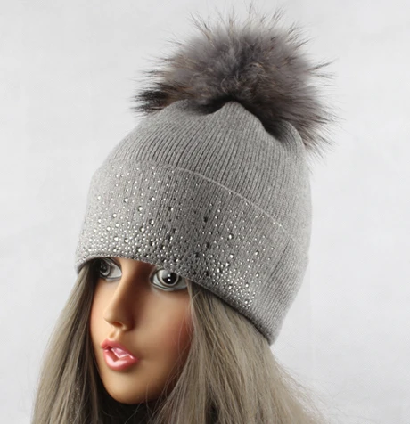 gray fur pom Норковые шапки из меха енота для женщин, Зимняя шерстяная вязаная шапка, стразы, шапка с меховым помпоном - Цвет: gray fur pom