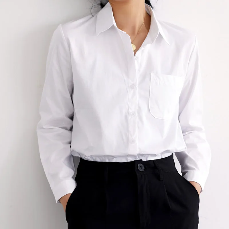 

Elegant Women Office Shirt Long Sleeve Spring Autumn Basic Turn-down Collar Cotton White Shirt Work Blouse camisa femenina