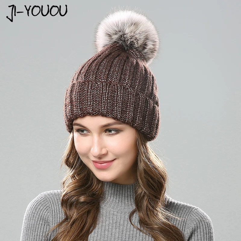 

Зимняя шапка с мехом енота JIYOUOU, шапка с меховым помпоном, плотная женская шапка, женские зимние шапки, меховая шапка с помпоном