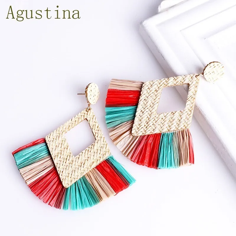 Женские богемные серьги Кисточки Из Ротанга разноцветные висячие с бахромой