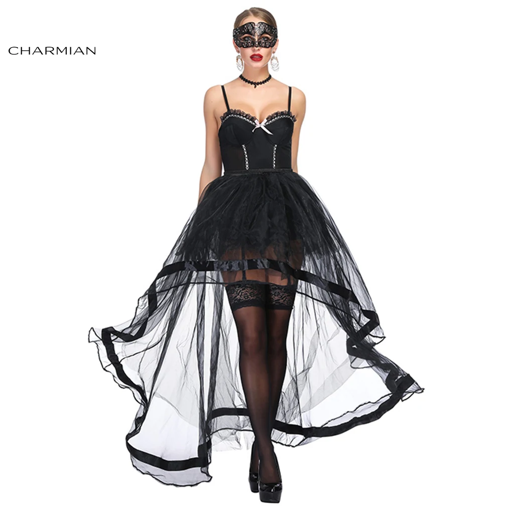 

Charmian Women's Sexy Black Sheer Mesh Floral Lace Plastic Bone Bustier Corset with Organza High Low Skirt Set