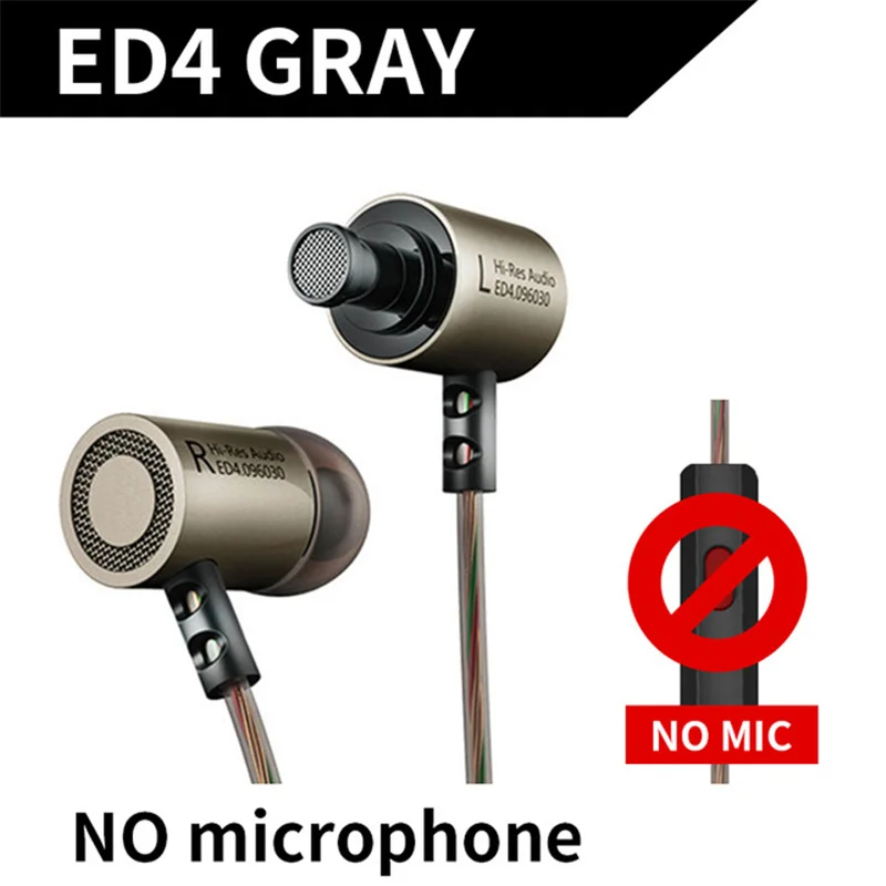 KZ ED4 Gray No Mic KZ ED4 металлические стерео наушники, медная ковка, шумоизоляция, Hifi наушники-вкладыши, музыкальные наушники с микрофоном для мобильного телефона, MP3, MP4 - Цвет: KZ ED4 Gray No Mic