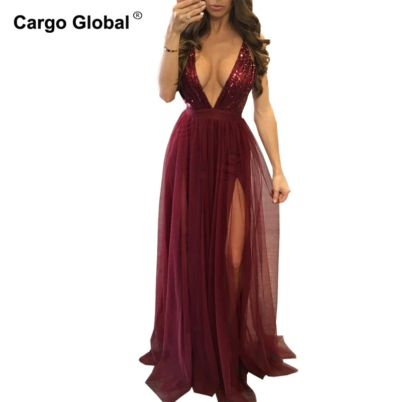 2019 Summer Women Sequined Screen Yarn Spliced Chiffon Dress Suspension Belt Deep V Sexy Bare Back Nightclub Party Dresses | Женская