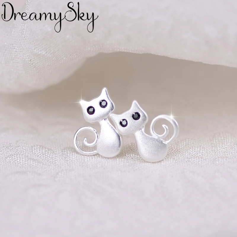 Женские серьги кошечки DreamySky из 100% натурального серебра с черным глазом