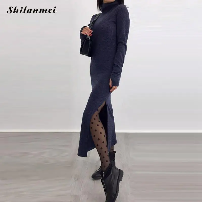 Knitted Dresses Woman Warm Winter Long Sleeve Turtleneck Sweater Dress Sexy Side Slit Slim Female Pullovers Elegant Maxi | Женская
