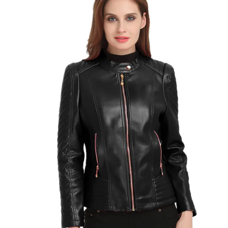Женская кожаная куртка осенняя со стоячим замком большого размера|women's fashion leather