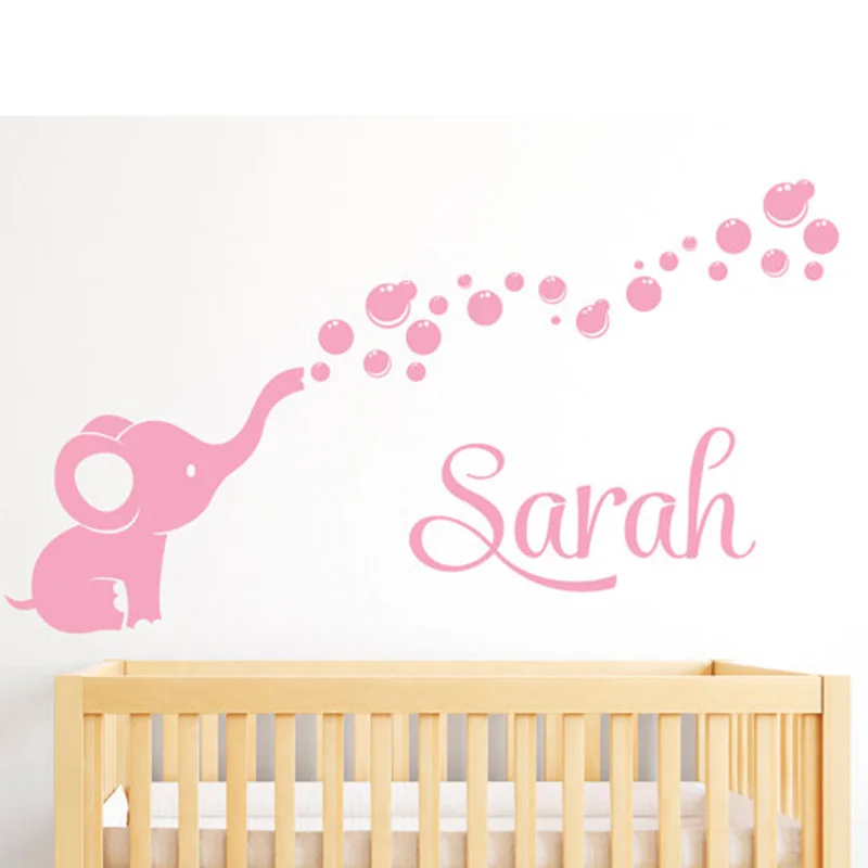 

Personalized Name Wall Stickers Custom Name Elephant Bubbles Nursery Wall Decal Baby Room Decor Cute Animals Home Decor L156