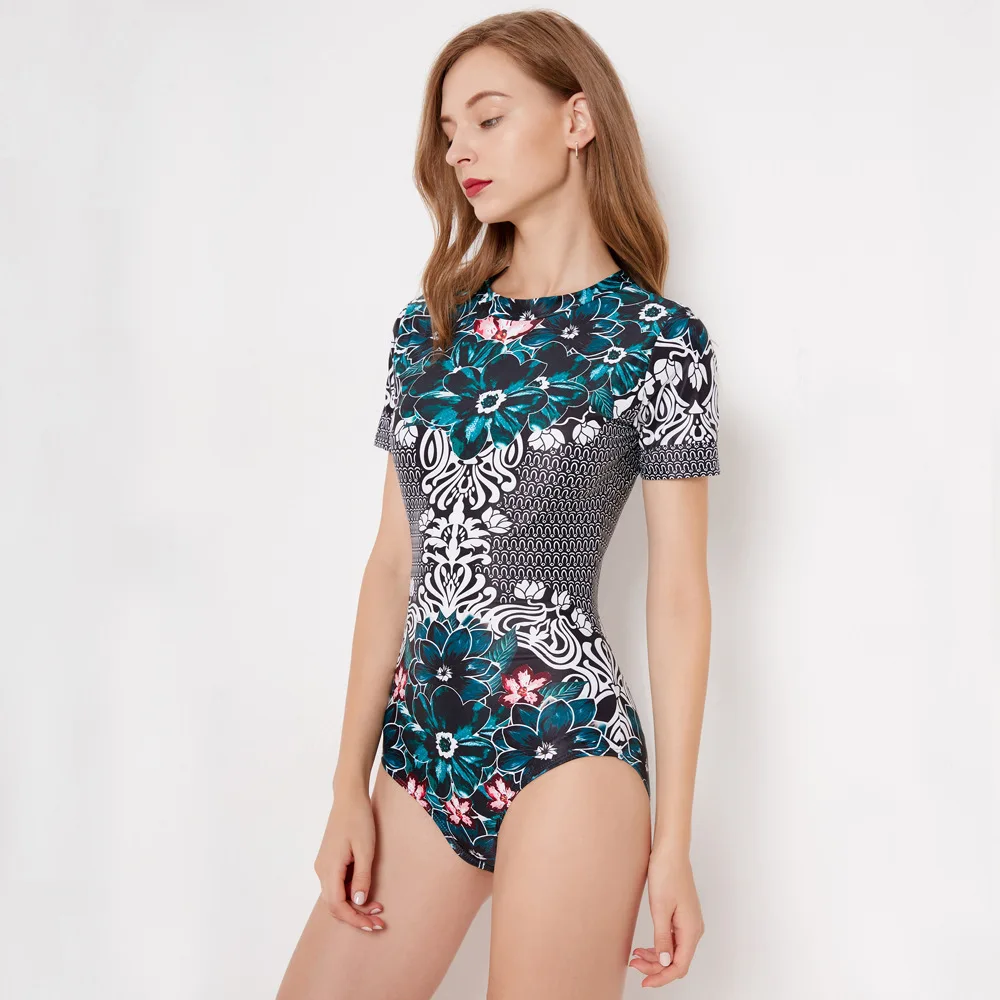 Print Floral One Piece Swimsuit Long Sleeve Swimwear Women Bathing Suit Retro Vintage One-piece Surfing Swim Suits | Спорт и
