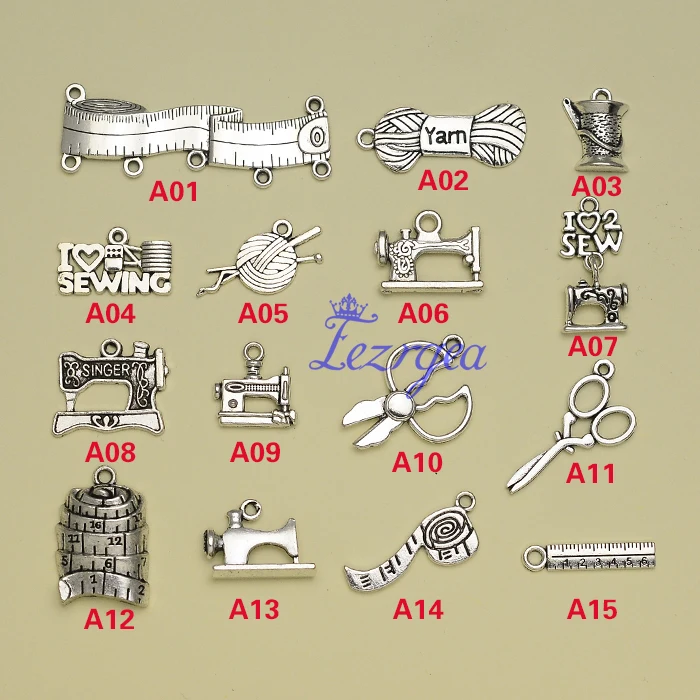 

I love sewing Charms, Antique Silver plated Sewing Charm Collection Spool of Thread Sew Sewing Machine Scissors Tape Measure DIY