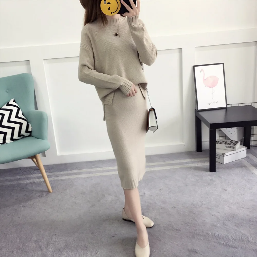 

2017 Fashion Autumn/Winter Knit Sweater contained Pullover sweater and Pack skirt two pieces suit