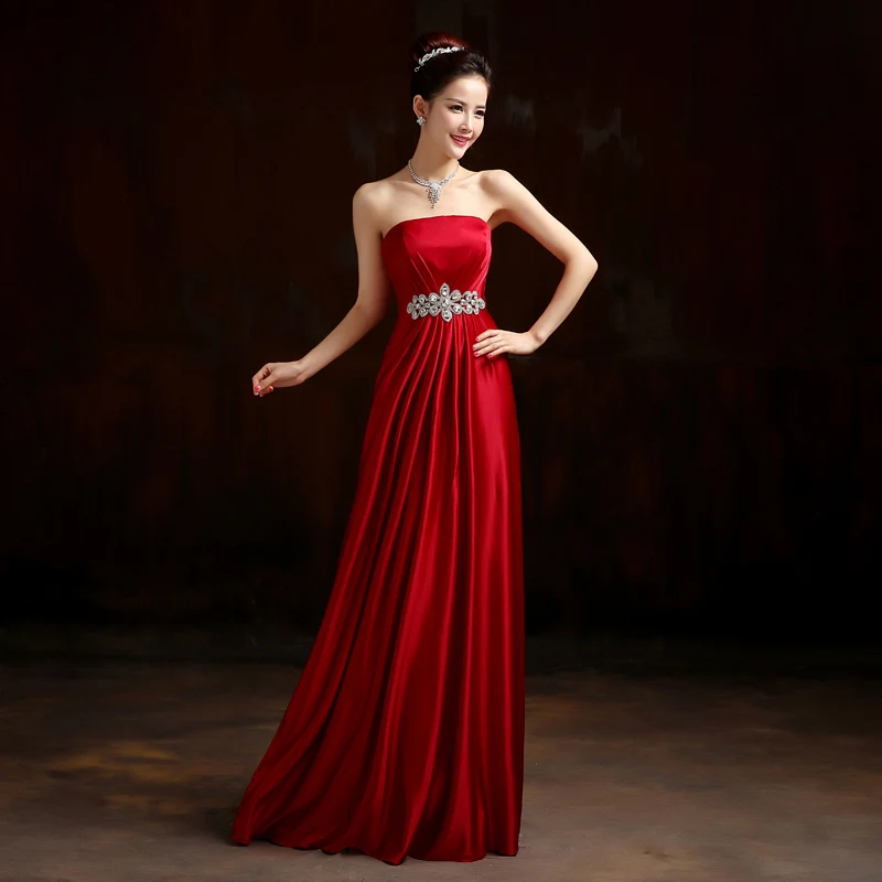 2015 Elegant And Simple Sleeveless Strapless Bridesmaid Dresses Long Red With Rhinestone Plus Size | Свадьбы и торжества