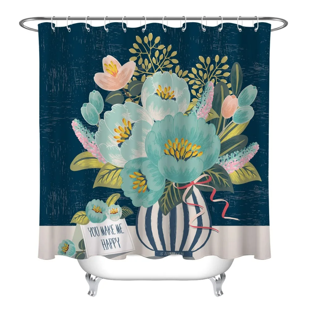 Картина полосатая ваза зеленые розовые цветочные листья душевая занавеска s