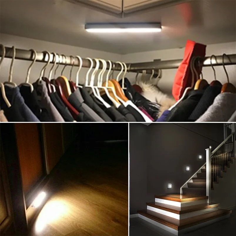

Under Cabinet Lights PIR Motion Sensor LED Strip Battery Powered Led Night Light Wireless 6/10 LEDs Closet Lights Bookcase Lamp