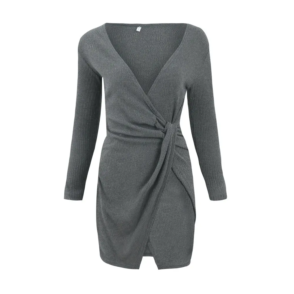 Modecrush Womens Sexy Deep V Neck Club Dress New Year Long Sleeve Ruched Ladies Knitted Bodycon | Женская одежда