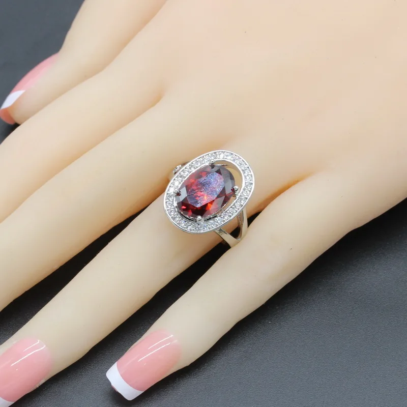 925 Sterling Silver Jewelry Sets Oval Red Zirconia For Women Wedding Necklace Pendant Bracelet Ring Earrings Rysean | Украшения и