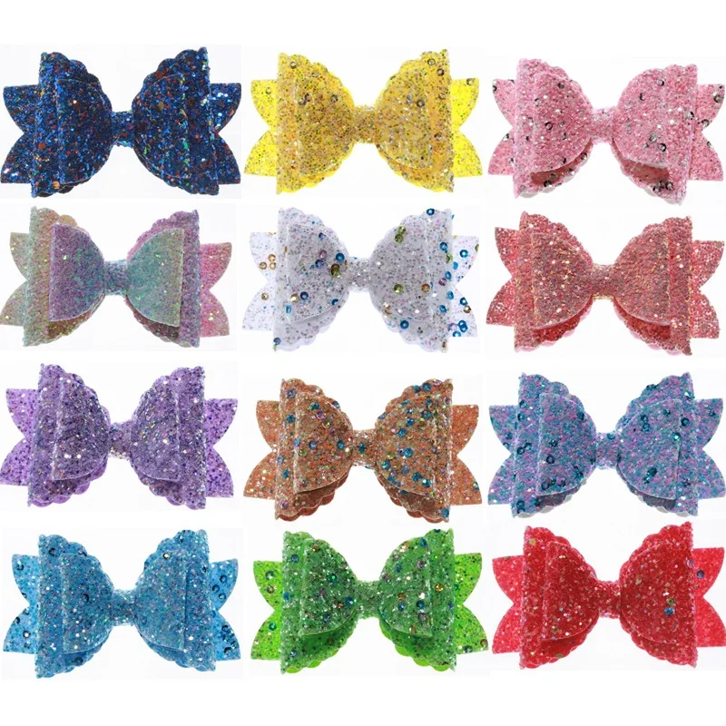 

60PCS Boutique Glitter Synthetic Leather Hair Bow For Hair Clip 8.5CM Messy Sequin Bow Knot ForGirl Hairgrips Hair Accessories