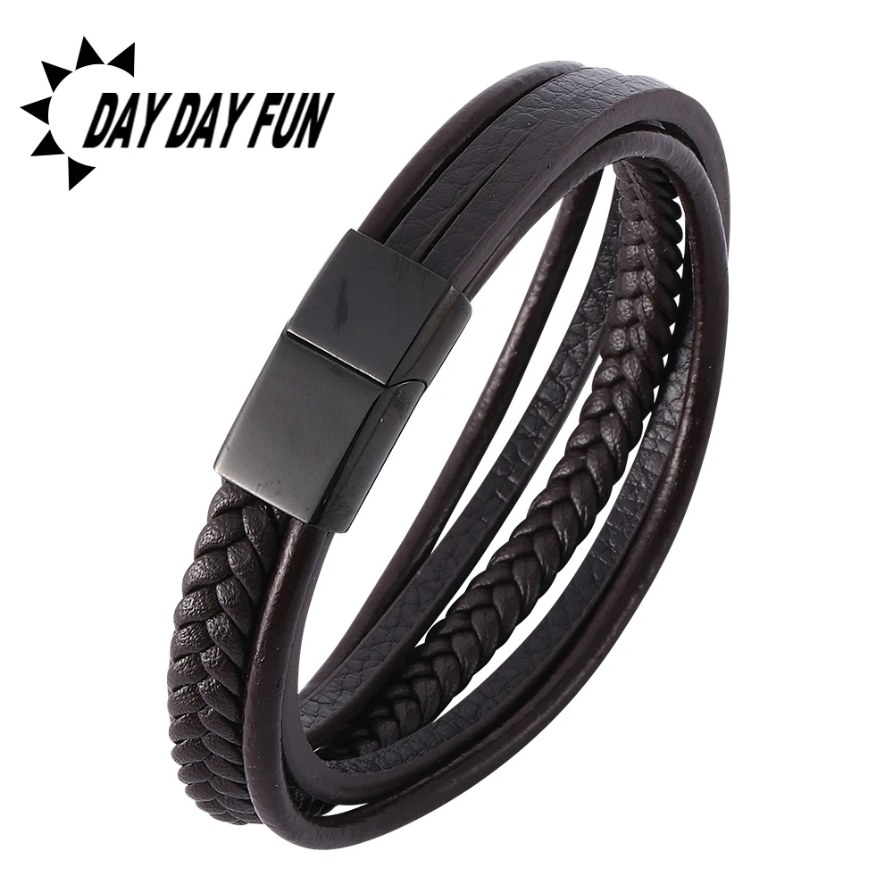 Мужские браслеты манжеты из нержавеющей стали черные широкие плетеные кожаные