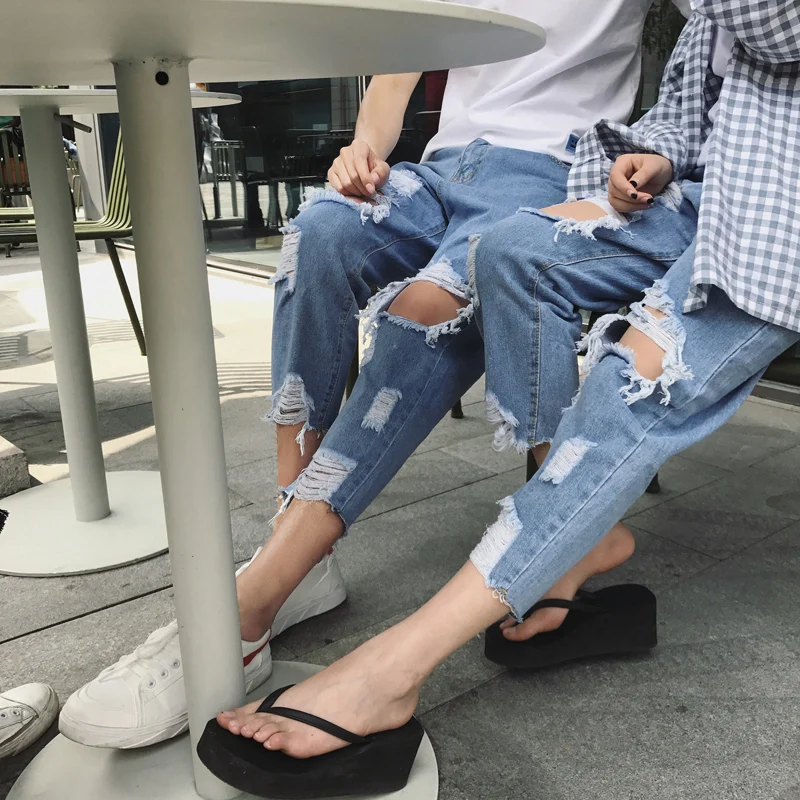 New Jeans Men Hole Slim Fit Denim Straight Jean Couple Casual Stretch Destroyed Ripped Jeans Men Skinny Jeans 1804071