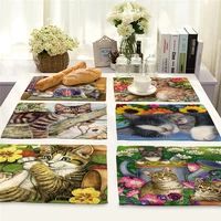 1pcs cute cat flower pattern placemat dining table mats cotton linen drink coaster western pad cup mat 4232cm home decor ma0029