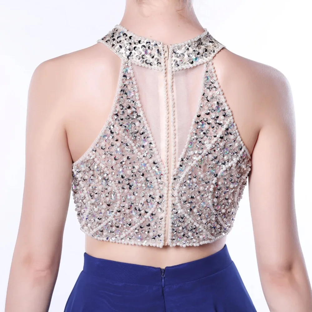 

2021 New Two Piece Prom Dresses Long Royal Blue Beaded O-Neck Vestido De Festa Formal Evening Party Gowns A Line Women Dress