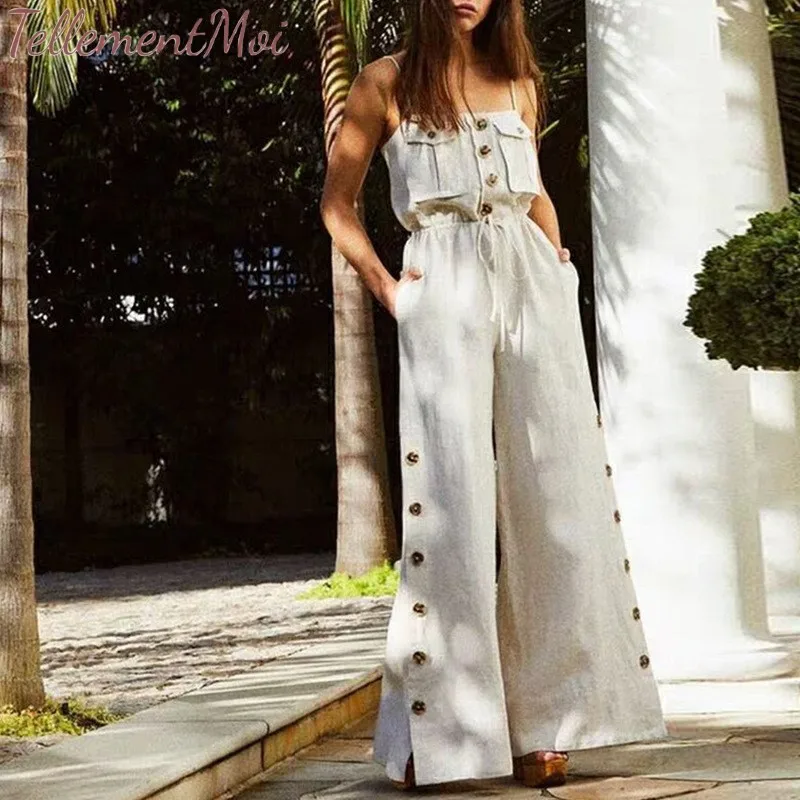 Летний комбинезон 2019 элегантный белый без рукавов талии свободные длинные брюки