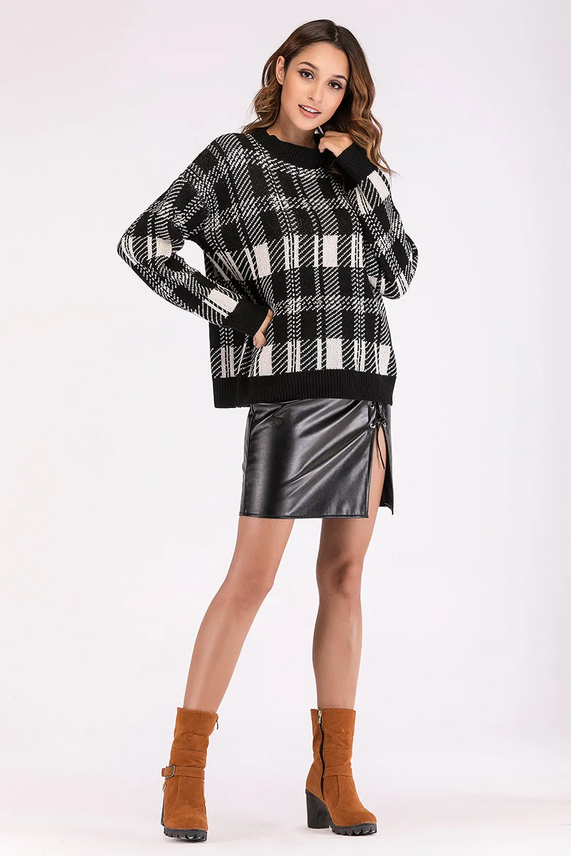 Winter O-Neck Sweater Women Pullover Warm Female Plaid Print Wild Basic Autumn Knitted Loose | Женская одежда
