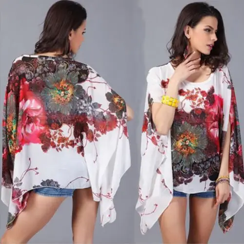 

Women Loose Chiffon Floral Batwing Sleeve Shawl Blouse Womens Fashion Casual Blouse Shirts Tops Plus Size