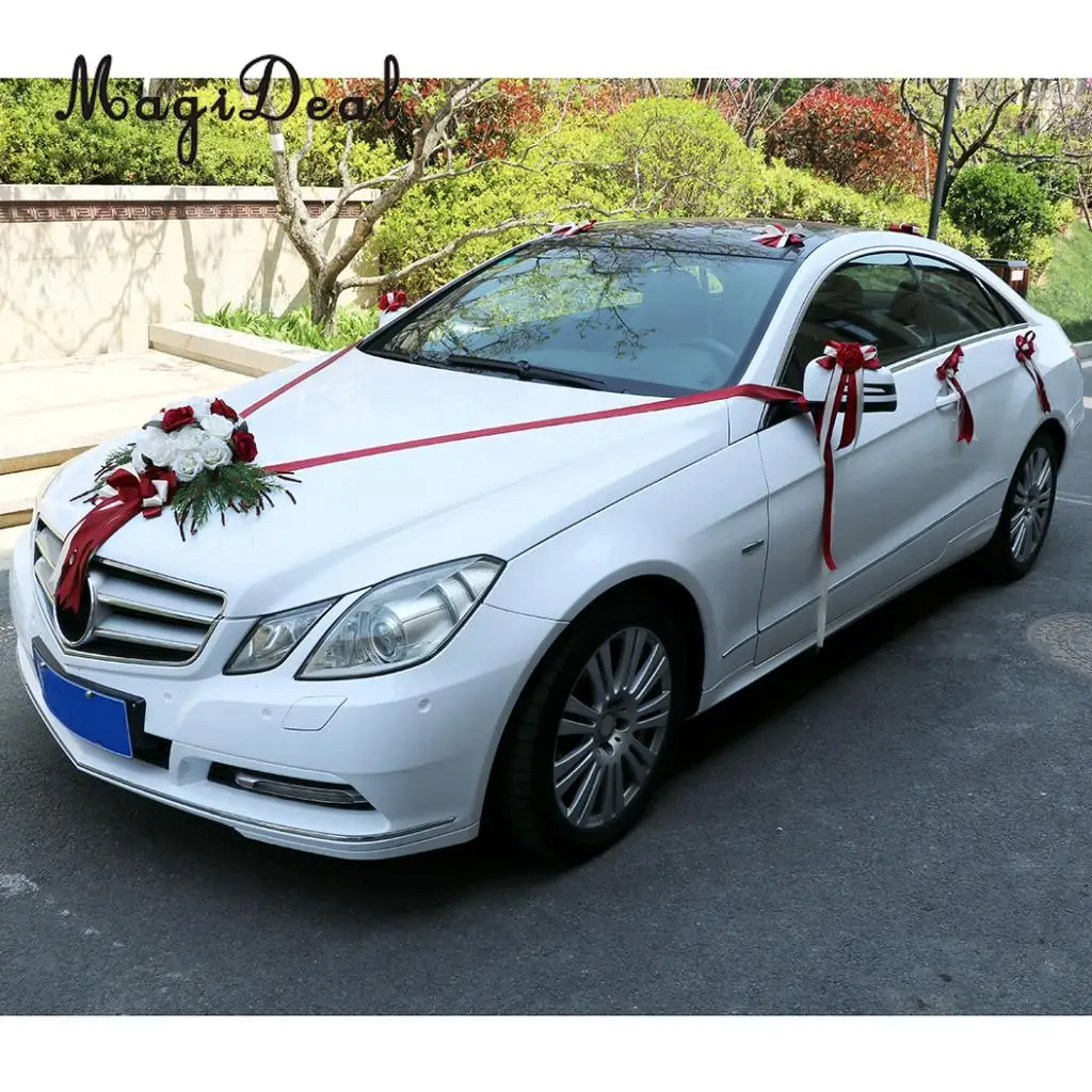 MagiDeal 12 шт./компл. свадебный автомобиль украшения набор «сделай сам» из искусственного шелка с цветочным рисунком с бантом из ленты на крыше автомобиля дверного зеркала Свадебные Сделано в Китае