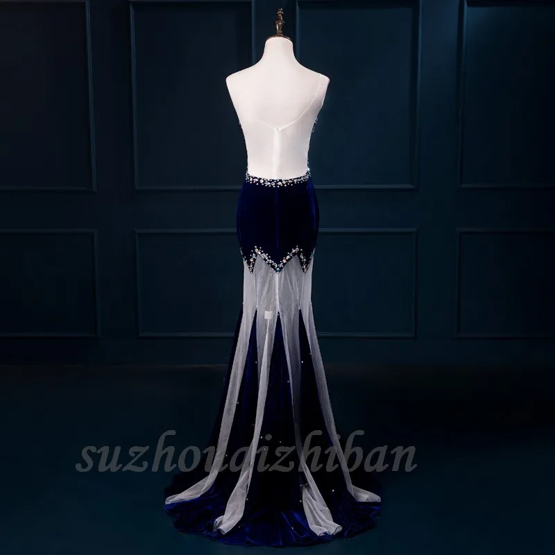 Sheer Neck Evening Dresses Tulle Velvet Crystal Beads Floor Length Vestido De Festa Backless Prom Dress Mermaid | Свадьбы и