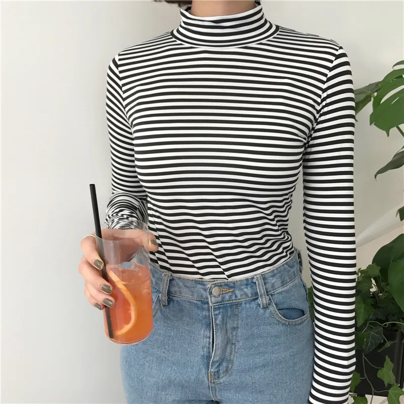 Korean Style Long Sleeve T Shirts 2018 Women New Hot Sale Student T-shirt Womens Fashion Harajuku Striped Female Slim Femme Lady | Женская