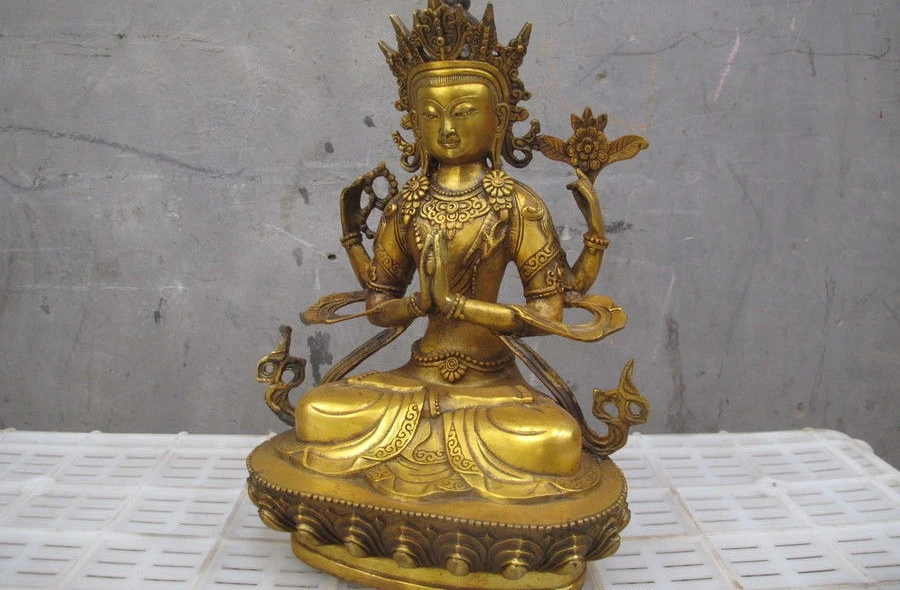 12 &quotТибет Тибетский бронзовая позолота четыре руки Chenrezig Kwan-Yin статуя