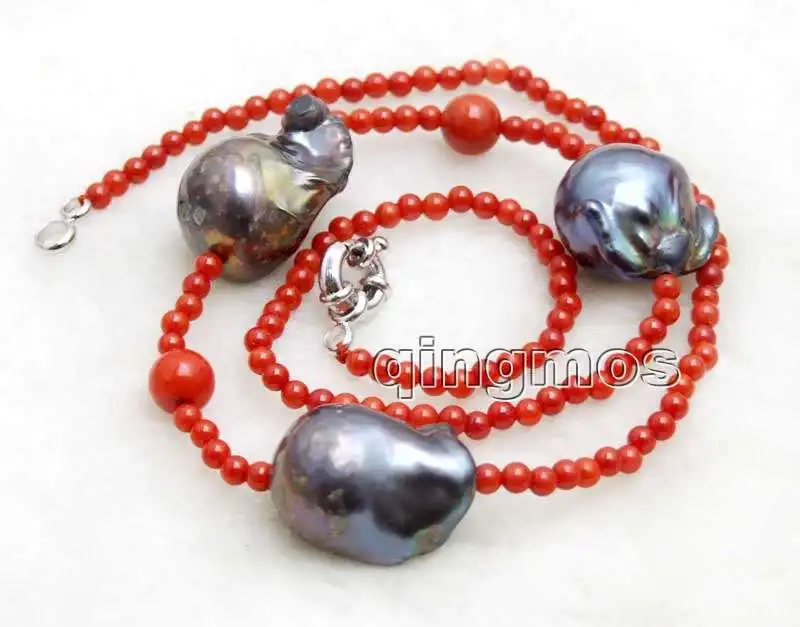 

Big 14*25mm Black Baroque Natural Nuclear pearl and 3-4mm Red Round Coral 18'' Necklace-nec6416 wholesale/retail Free shipping