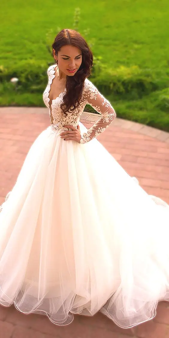 

Long Sleeves Deep V Neck Wedding Dress Illusion wedding gowns abiti da sposa vestido de casamento bridal dress Robe de mariage