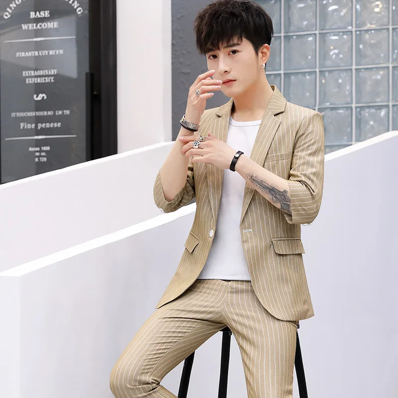 

Trajes De Hombre 2019 Striped Summer New Seven-point Sleeve Dress Blazers Suit Men's Youth Fashion 2 piece Wedding Small Suits