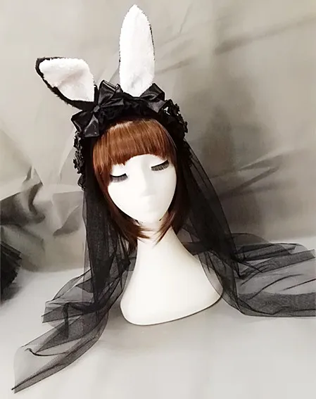 

Gothic Lolita Women Bunny Rabbit Ear Alice Headband Hairband Party Club Rose Ribbon Hair Band Fancy Dress Lolita Handmade