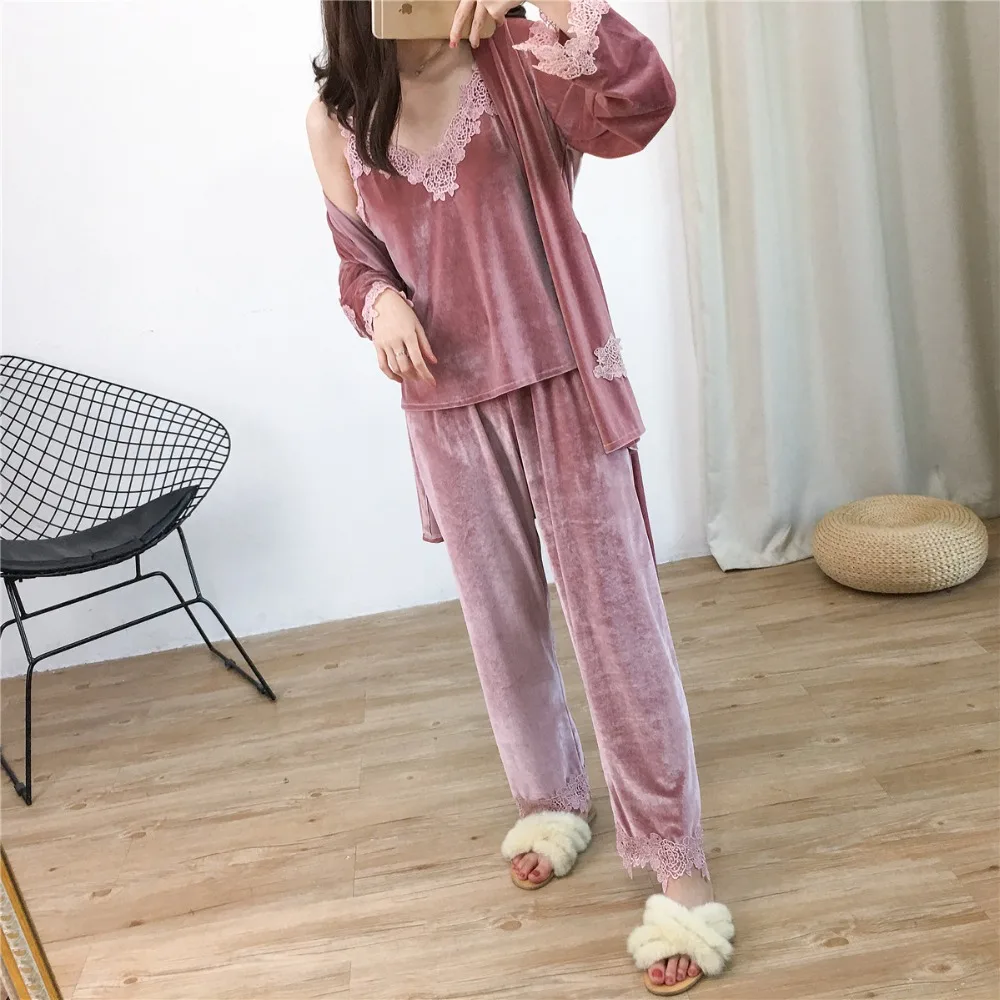 Женские пижамные комплекты из 3 предметов, камзол+ халат+ штаны, пижама Mujer, осенне-зимняя бархатная Пижама для женщин